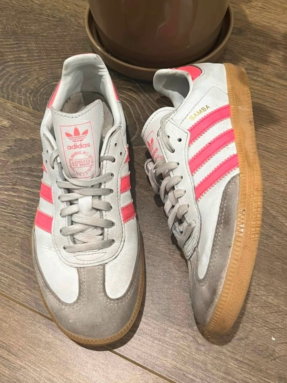 Size 3 adidas Samba OG girls Sneakers - White with Pink Stripes and Gum Sole